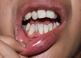 Close up of mouth with crowded teeth