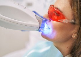woman receiving professional teeth whitening in dental office