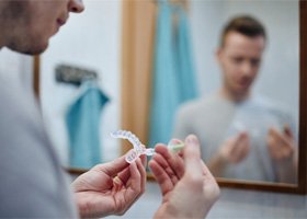 man using professional take home teeth whitening tray