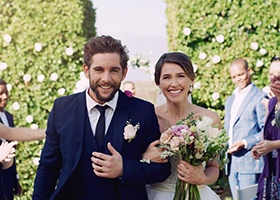 Smiling bride and groom 