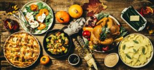 table full of holiday foods 