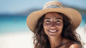 young woman wearing a hat smiling at the beach