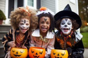three young children dressed up for Halloween 
