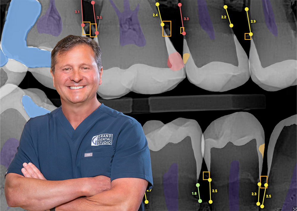 Smiling dentist, Doctor Michael Kirk, in blue scrubs with arms crossed, standing in front of a detailed dental X-ray with various highlighted measurements and annotations.